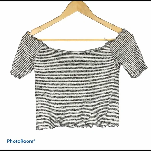 Caution to the wind black Gray striped off Shoulder Crop top - Picture 8 of 8